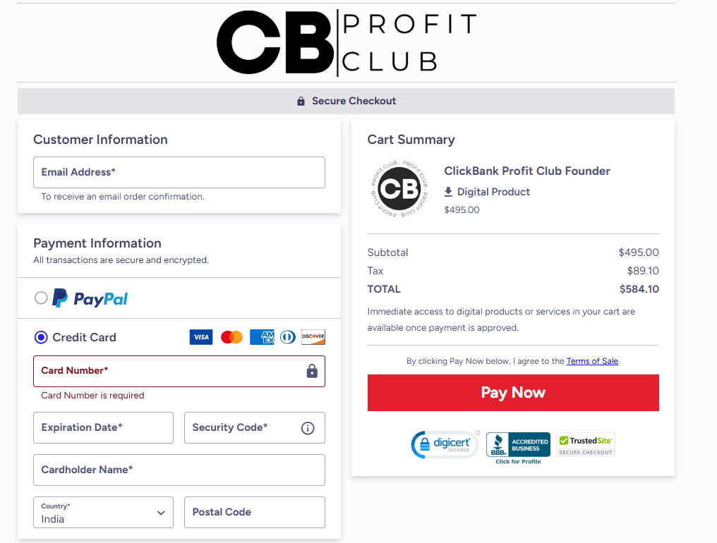 ClickBank Profit Club Checkout Page